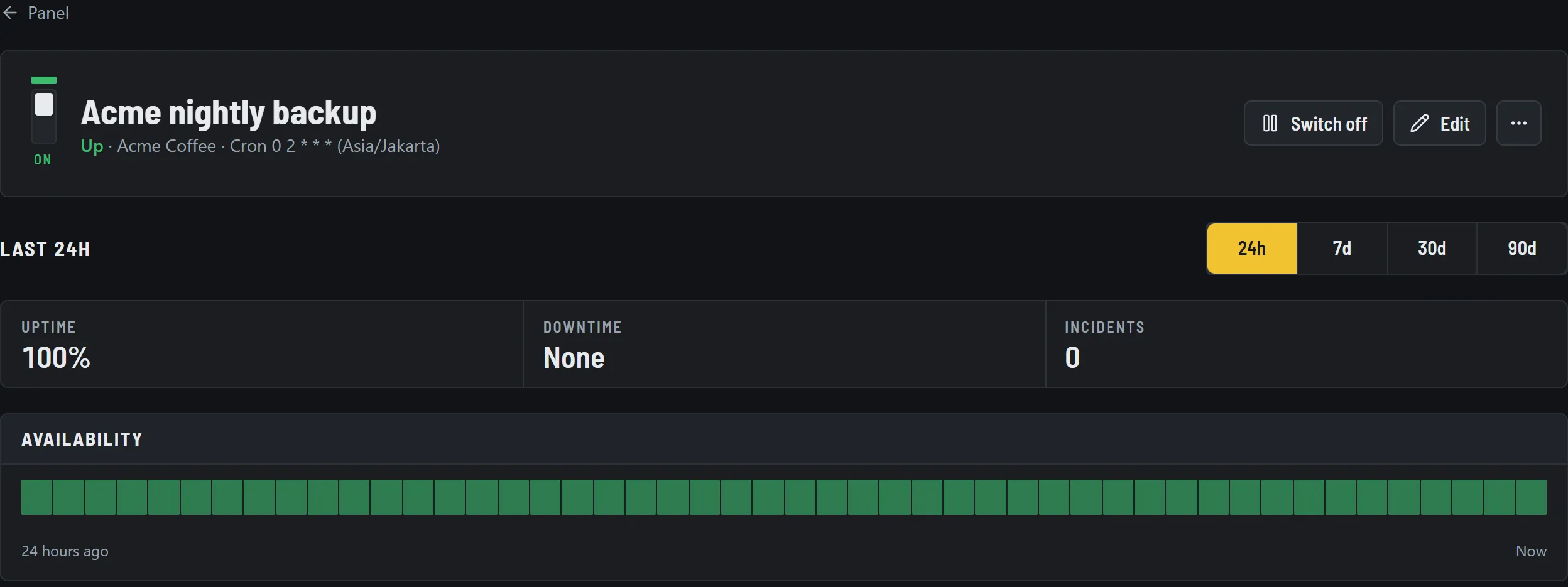 A cron job monitor: its ping URL, schedule, grace period and recent pings.
