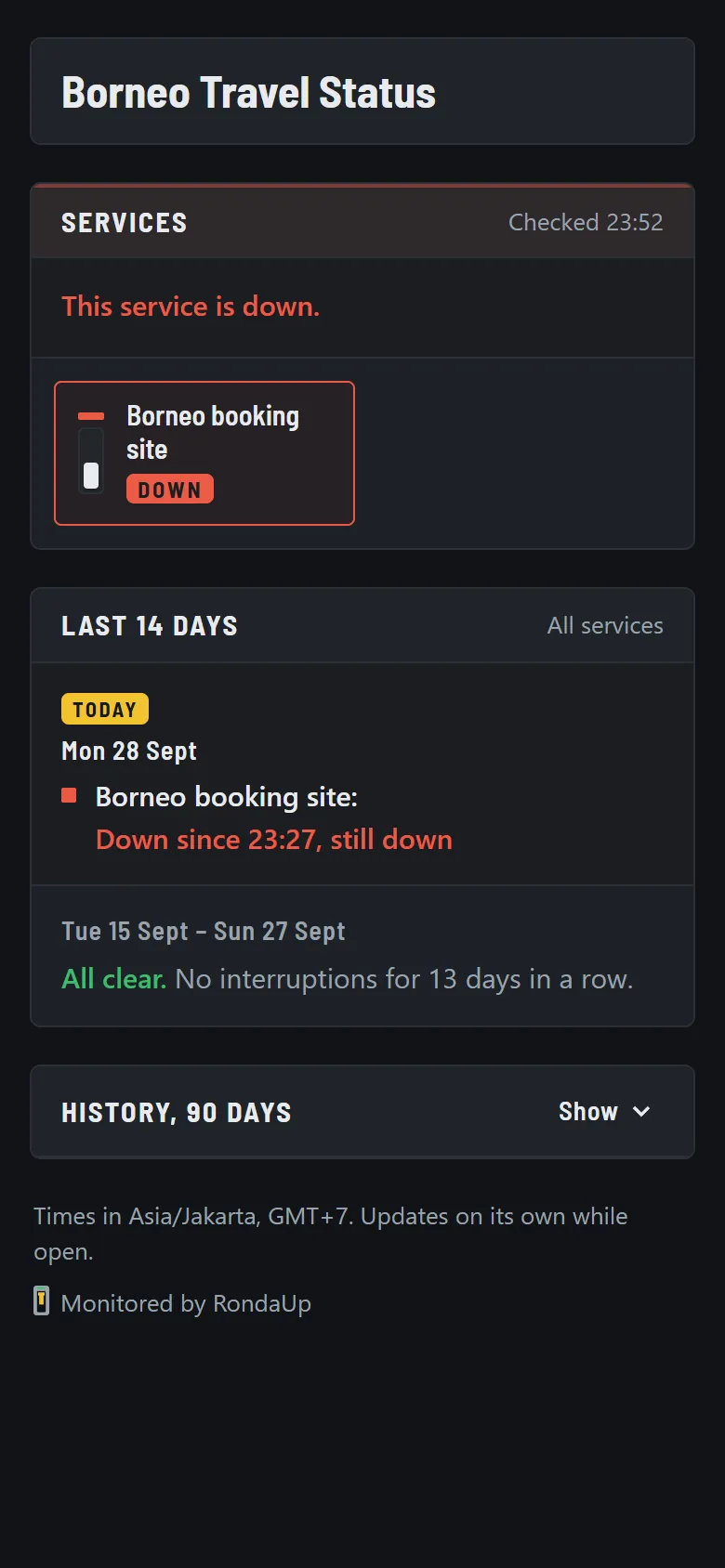 A client's status page on a phone: one service down, and a log of the last 14 days.
