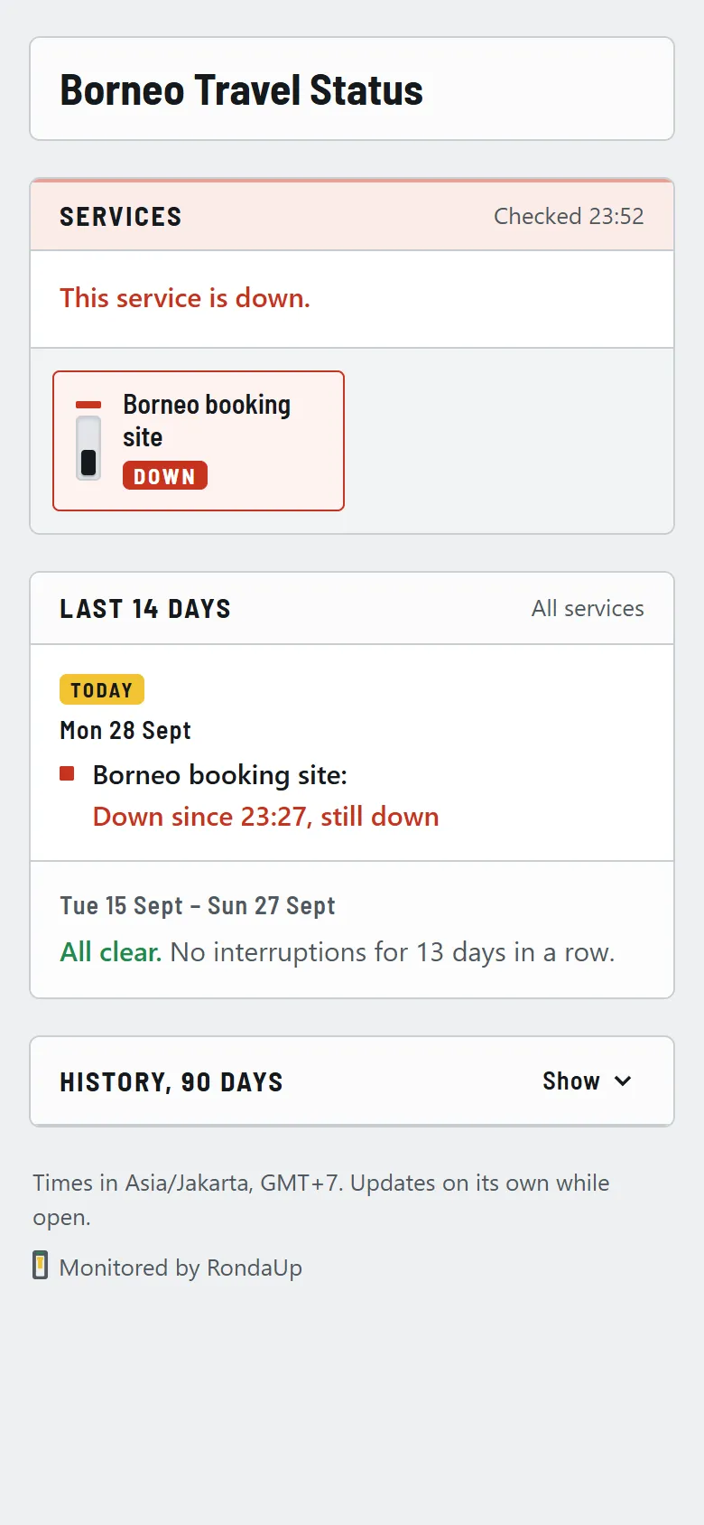 A client's status page on a phone: one service down, and a log of the last 14 days.